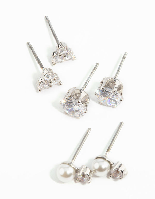 Silver Cubic Zirconia Pearl Stud Earring Pack