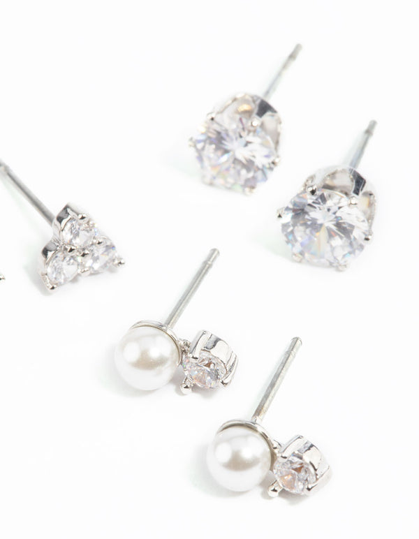 Silver Cubic Zirconia Pearl Stud Earring Pack