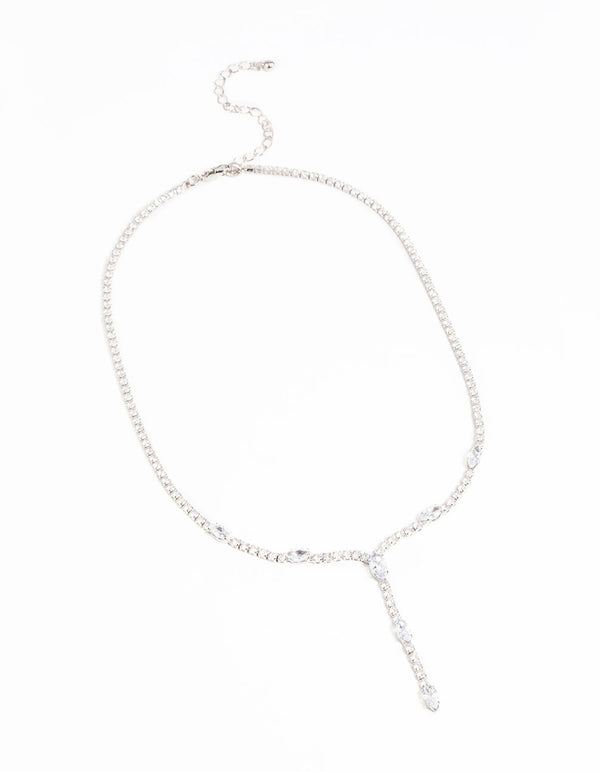 Silver Cubic Zirconia Droplet Lariat Necklace