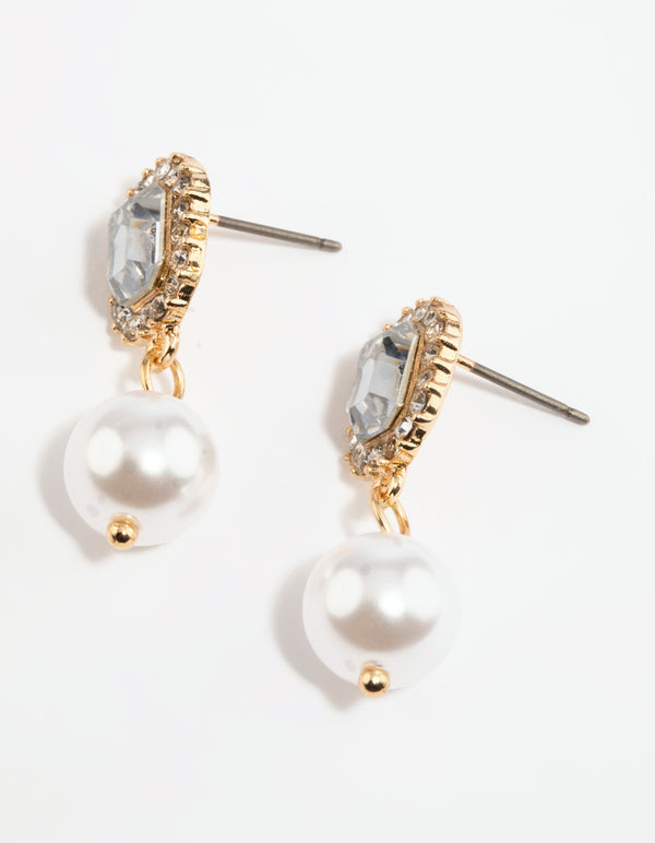 Gold Diamante & Pearl Drop Earrings