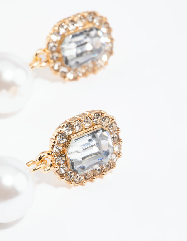 Gold Diamante & Pearl Drop Earrings