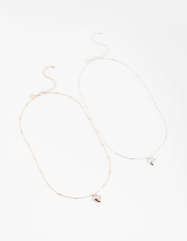 Mixed Metal Puff Heart Necklace Set