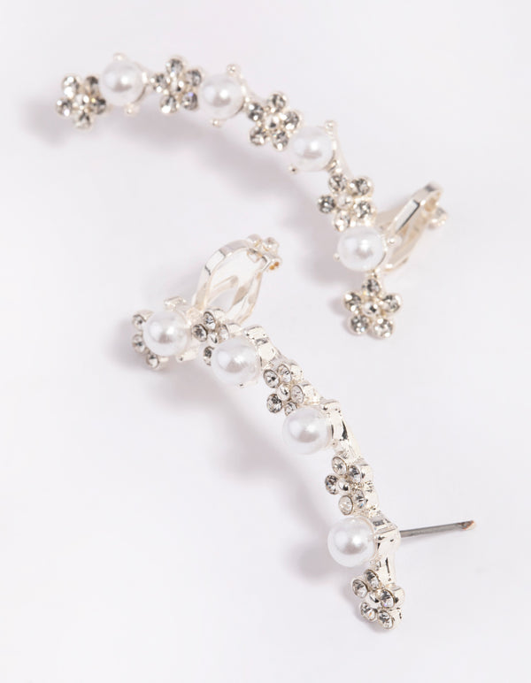 Silver Flower & Pearl Cuff Earrings