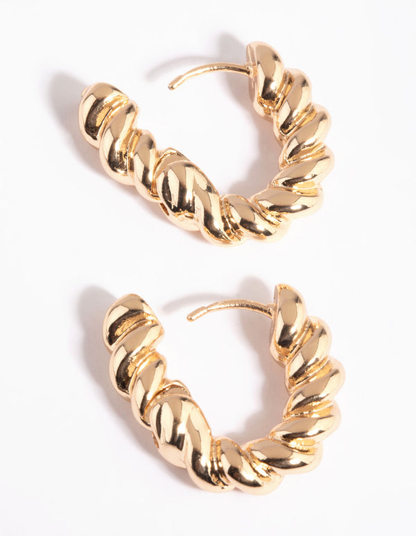 Gold Twisted Oval Huggie Hoop Earrings