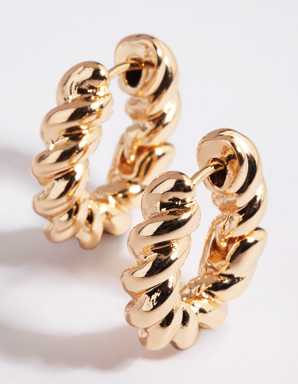 Gold Twisted Oval Huggie Hoop Earrings