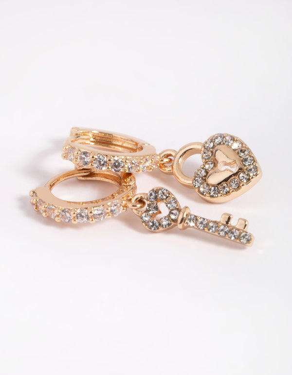 Gold Diamante Heart & Key Huggie Hoop Earrings