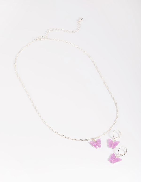 Mixed Metal Butterfly Necklace & Huggie Hoop Earrings