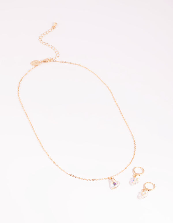 Iridescent Diamante Heart Necklac eand Huggie Hoop Earrings