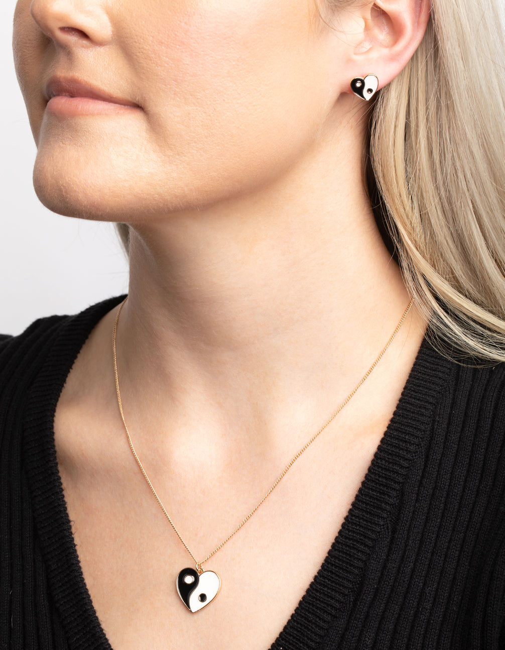 Black & White Yin Yang Necklace & Stud Earrings