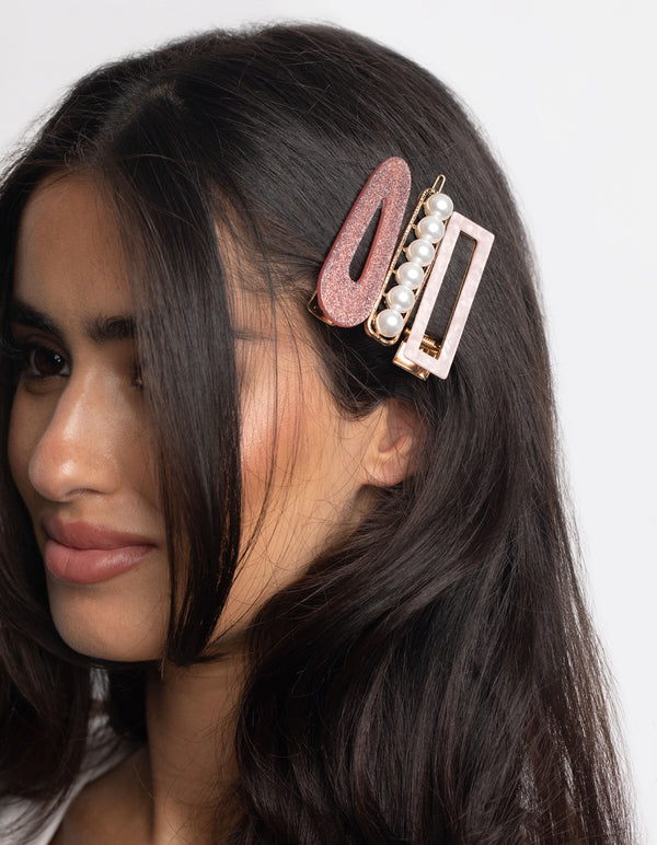 Pink Glitter Pearl Clips