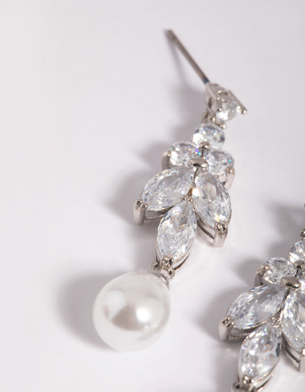 Silver Diamond Simulant Marquise Pearl Drop Earrings