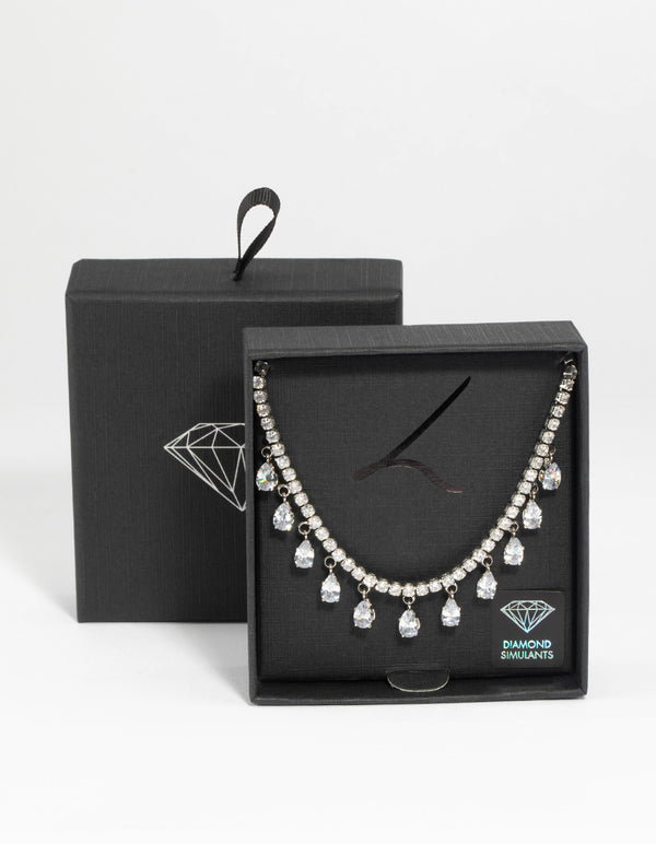 Silver Diamond Simulant Teardrop Necklace