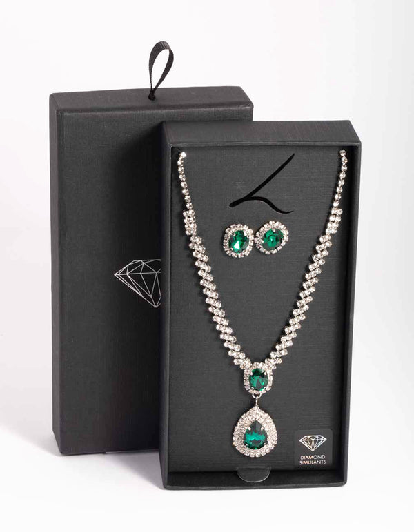 Silver Diamond Simulant Emerald Necklace & Earrings Set