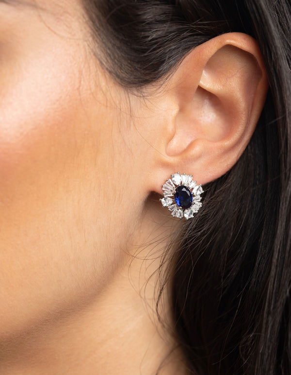 Diamond Simulant Sapphire Vintage Stud Earrings