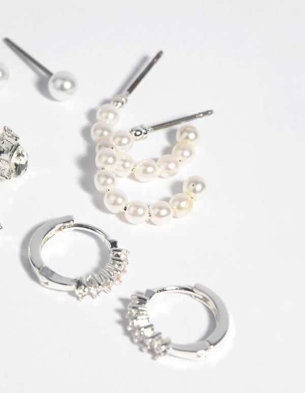 Silver Plated Diamante & Freshwater Pearl Stud Earring Pack