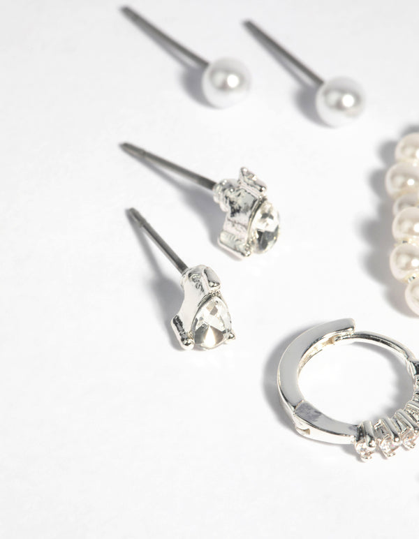 Silver Plated Diamante & Freshwater Pearl Stud Earring Pack
