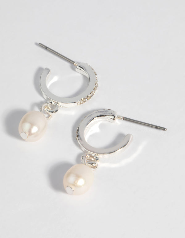 Silver Plated Diamante & Freshwater Pearl Huggie Hoop Earrings