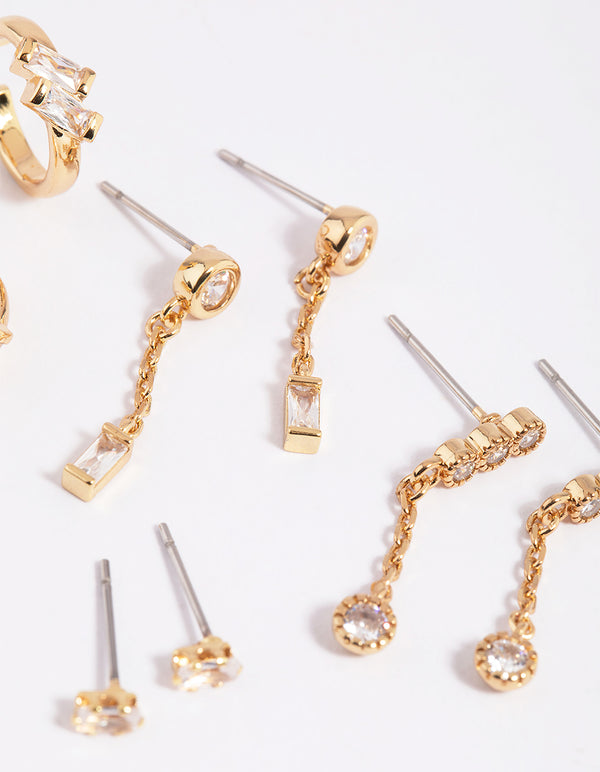 Gold Cubic Zirconia Baguette Stud Earring 8-Pack