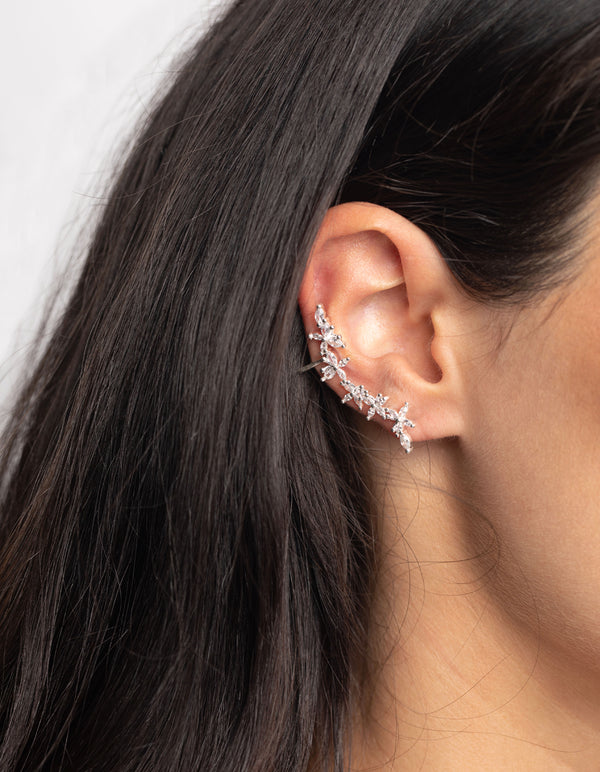 Silver Cubic Zirconia Floral Cuff Earrings