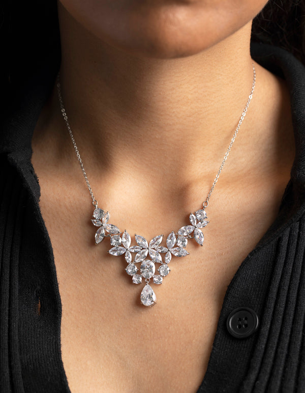 Silver Cubic Zirconia Floral Statement Necklace
