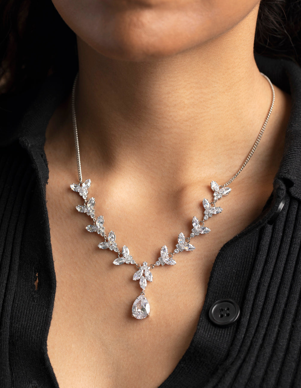 Silver Cubic Zirconia Teardrop Lariat Necklace