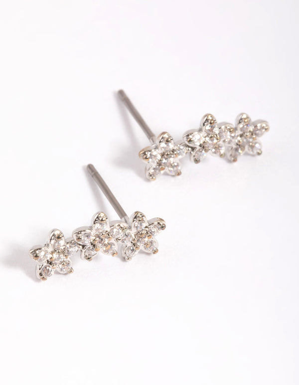 Silver Flower Cluster Crawler Stud Earrings