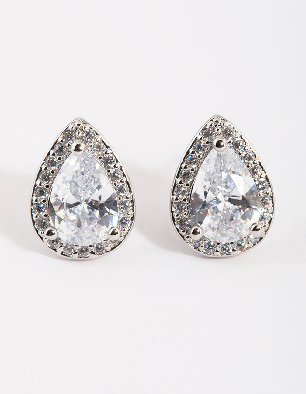 Silver Cubic Zirconia Pear Halo Stud Earrings