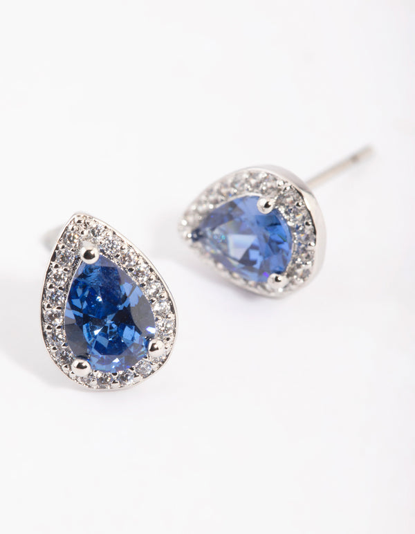 Blue Cubic Zirconia Pear Halo Stud Earrings