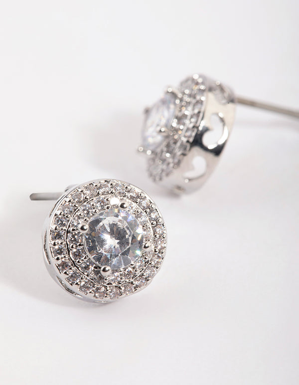 Silver Cubic Zirconia Round Halo Stud Earrings