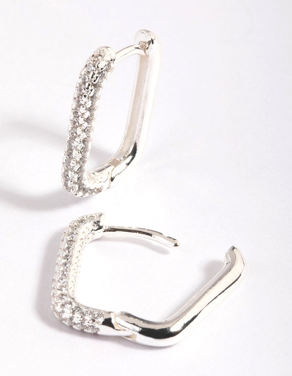 Silver Plated Brass  Cubic Zirconia Rectangular Hoop Earrings