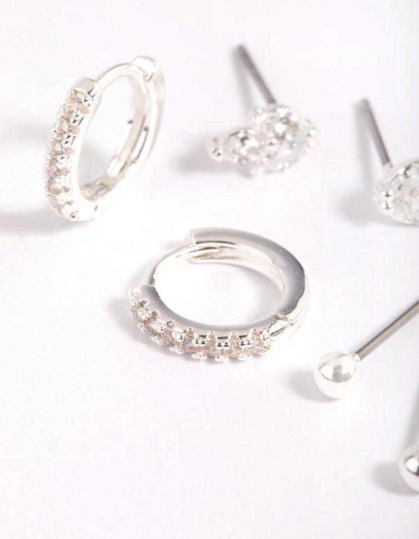 Silver Plated Brass  Cubic Zirconia Leaf Earring Stack 6-Pack