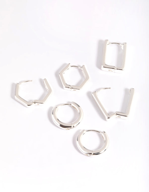 Silver Plated Brass  Hexagon Earring Stack 6-Pack