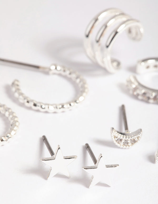 Silver Plated Brass  Star & Moon Stud Earring 8-Pack