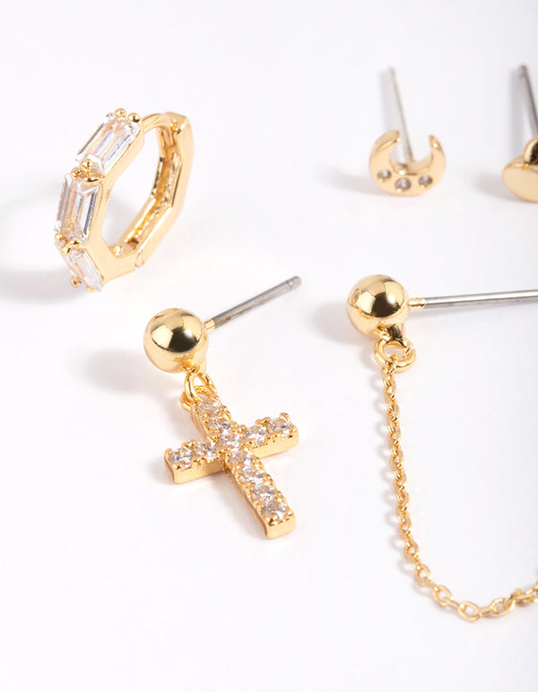 Gold Plated Cubic Zirconia Moon & Cross Earring Stack 6-Pack