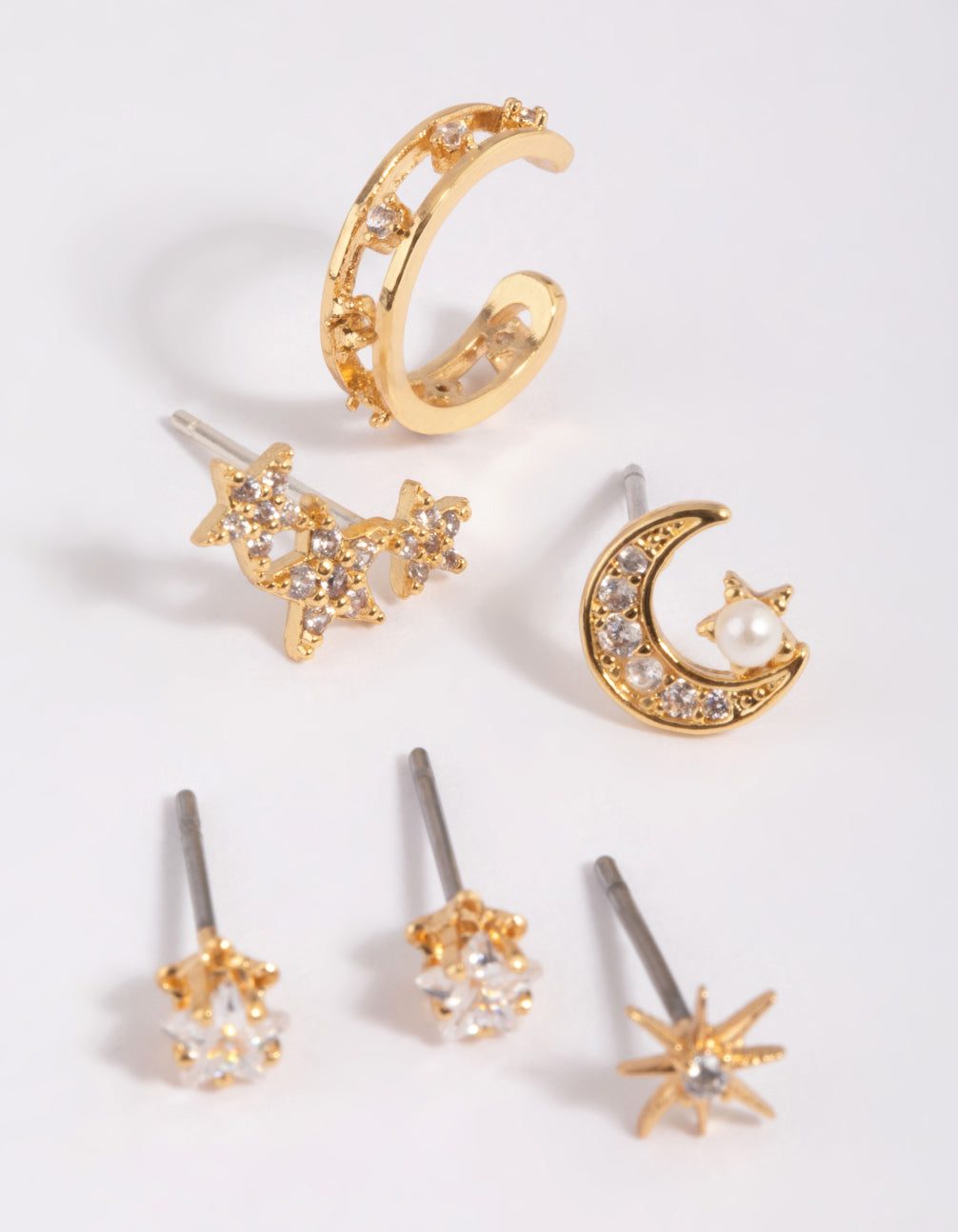 Gold Plated Brass Cubic Zirconia Celestial Stud Earring 6-Pack