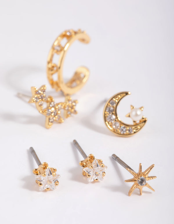 Gold Plated Brass Cubic Zirconia Celestial Stud Earring 6-Pack