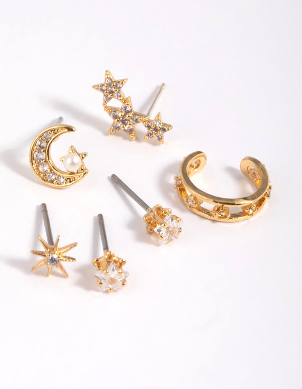 Gold Plated Cubic Zirconia Celestial Stud Earring 6-Pack