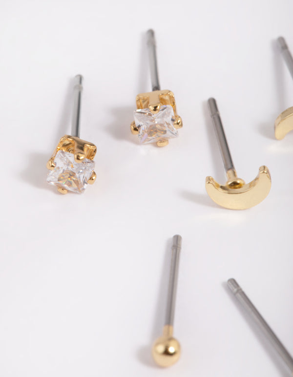 Gold Plated Brass Cubic Zirconia Moon Earring Stack 8-Pack