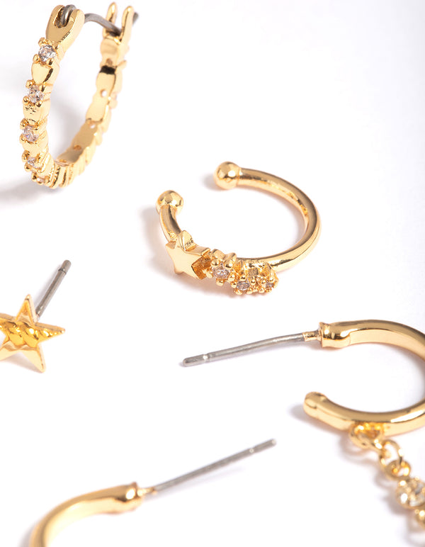 Gold Plated Brass Cubic Zirconia Chain Earring Stack 6-Pack