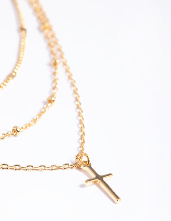 Gold Plated Brass Layered Cross Necklace