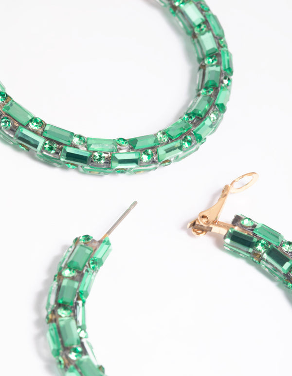 Green Mixed Diamante Hoop Earrings