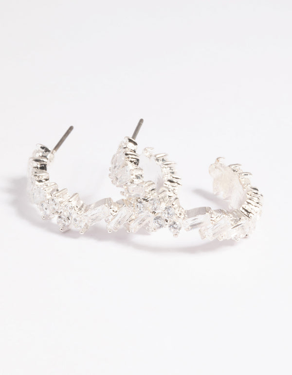 Silver Cubic Zirconia Baguette Hoop Earrings