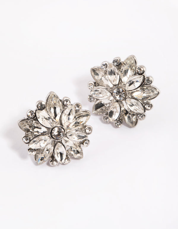 Rhodium Diamante Flower Stud Earrings
