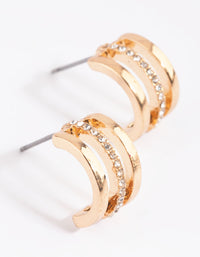 Gold Diamante Triple Row Huggie Hoop Earrings - link has visual effect only