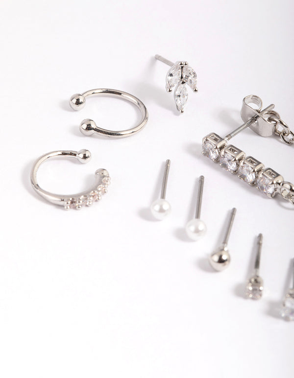 Silver Cubic Zirconia Chain & Pearl Stud Earring 9-Pack