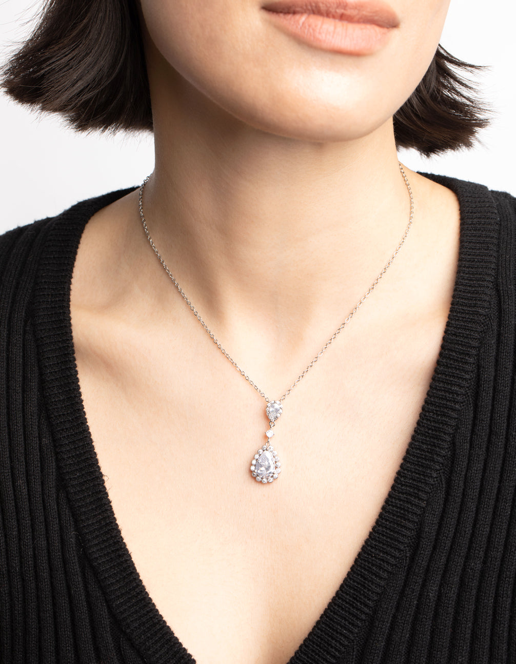 Rhodium Regal Pear Pendant Necklace