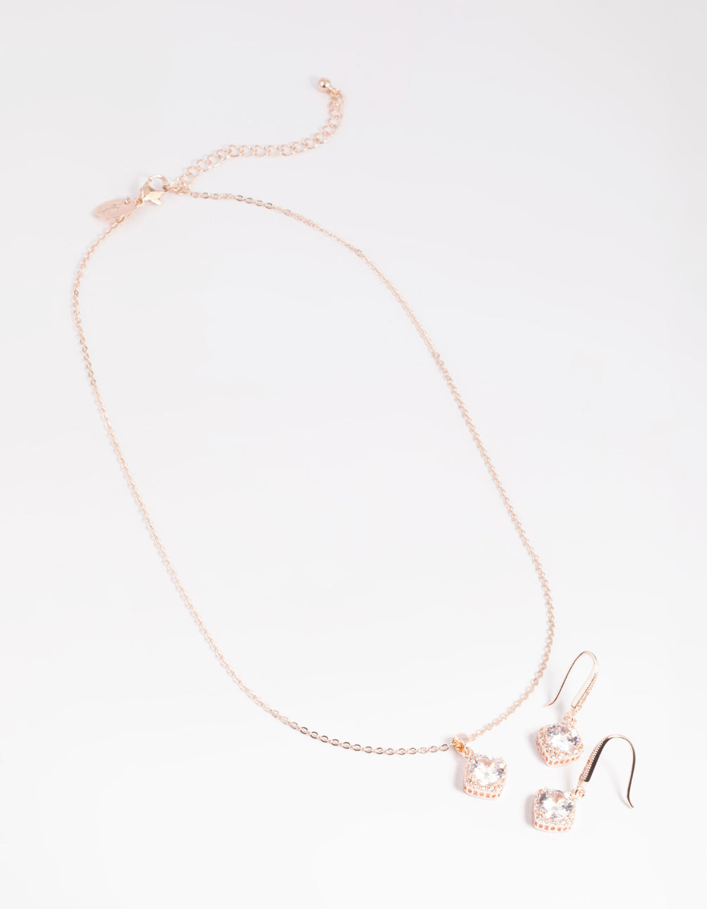 Rose Gold Cubic Zirconia Cushion Necklace & Earrings Set