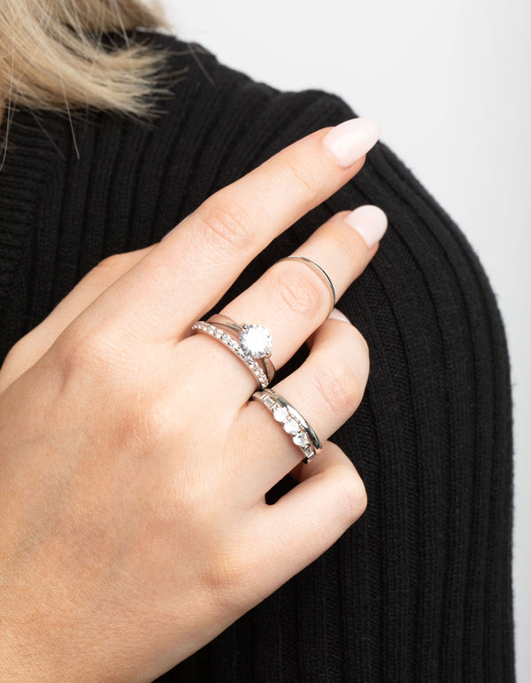 Silver Cubic Zirconia Solitaire Ring Stack Pack