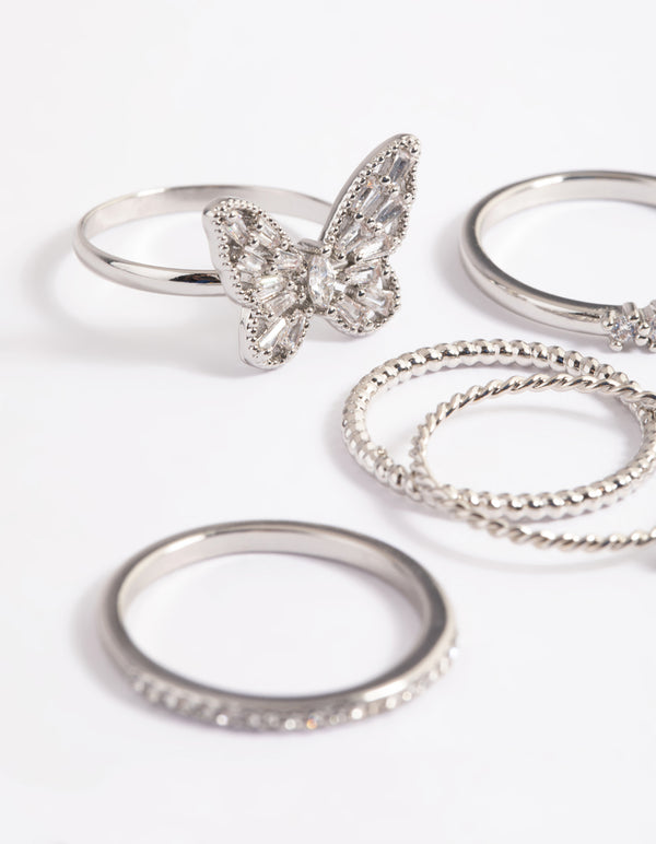 Silver Cubic Zirconia Butterfly Ring Stack Pack