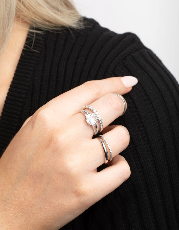 Rhodium Cubic Zirconia Emerald Cut Ring Stack Pack